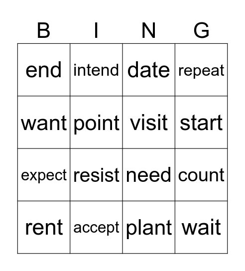 REGULARS VERB Bingo Card