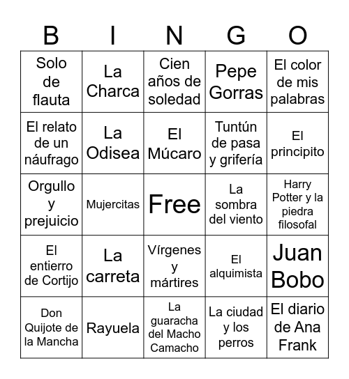 Literatura (Libros) Bingo Card