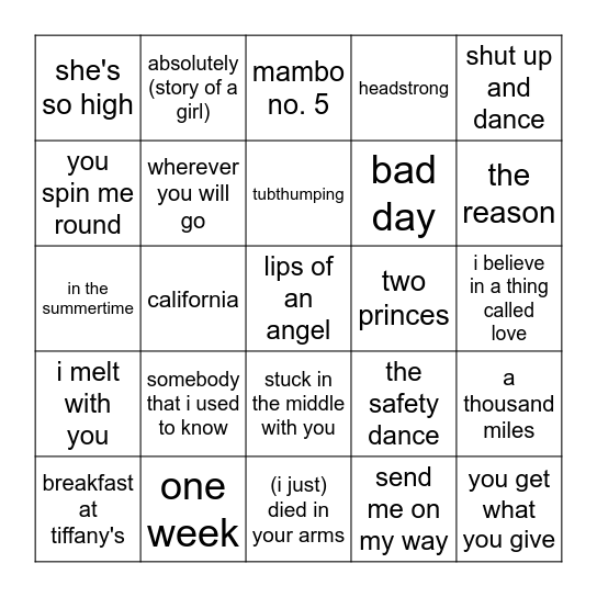 one hit wonders Bingo Card