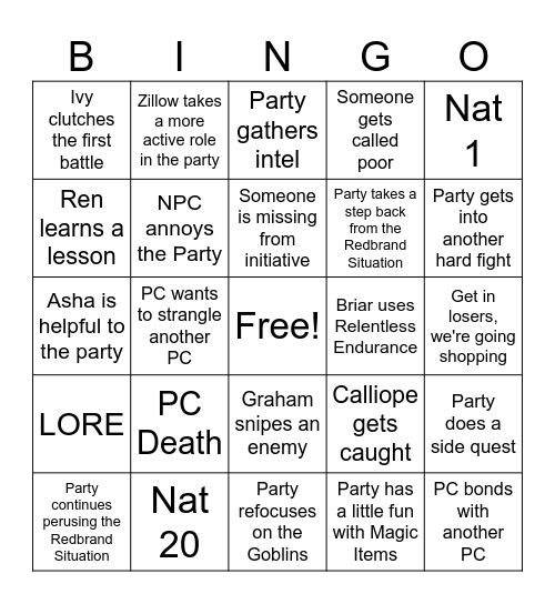 Lost Mines of Phandalin Session 3 Bingo Card
