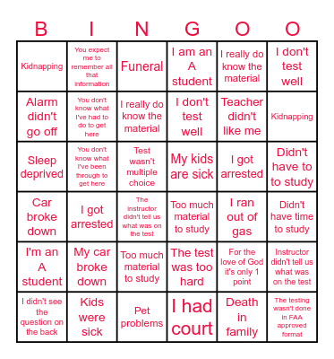 Student excuses Bingo Card