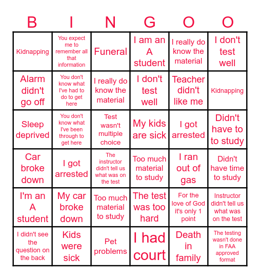 Student excuses Bingo Card
