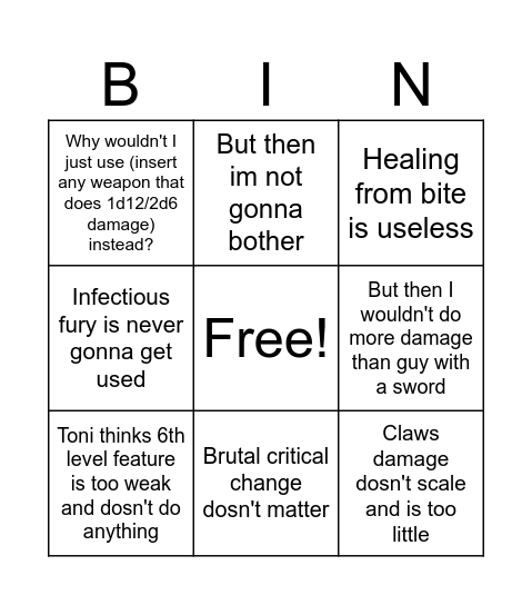 Toni BIN Bingo Card