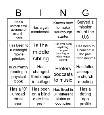 Getting to know you Bingo Card
