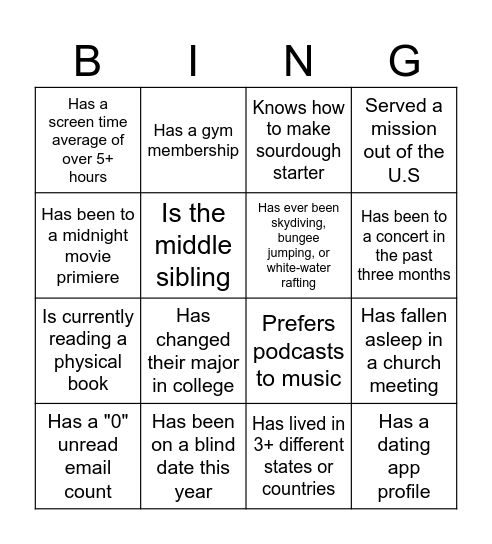 Getting to know you Bingo Card