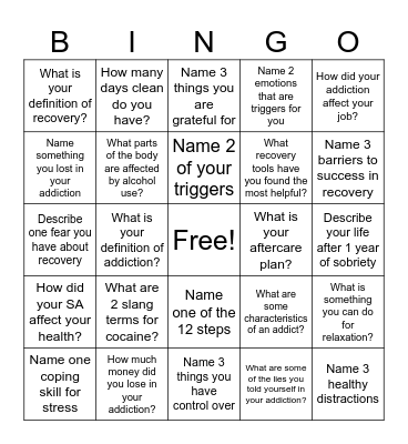 Recovery Bingo! Bingo Card