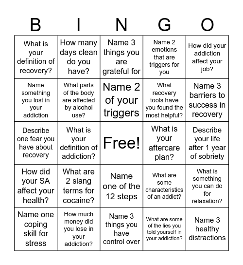 Recovery Bingo! Bingo Card