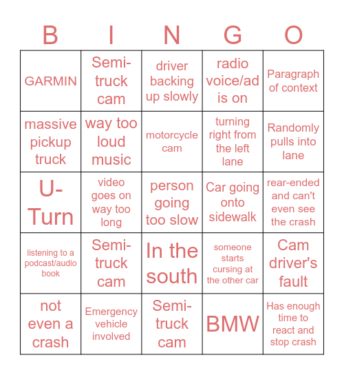 Idiots in Cars Bingo Card