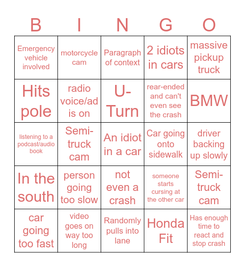 Idiots in Cars Bingo Card