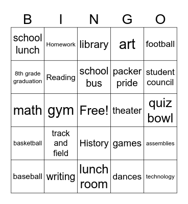 Middle School Bingo Card