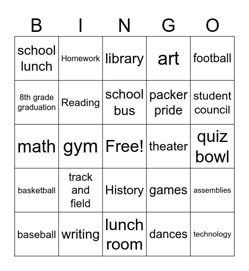 Middle School Bingo Card