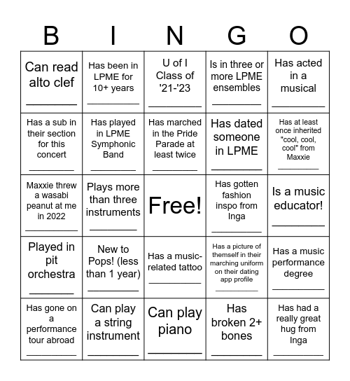 Pops Ensemble Bingo! Bingo Card