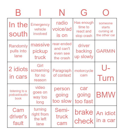 Idiots in Cars Bingo Card