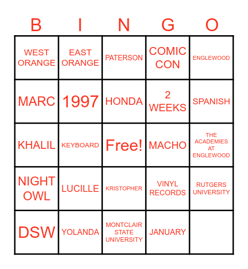 KORY BINGO Card