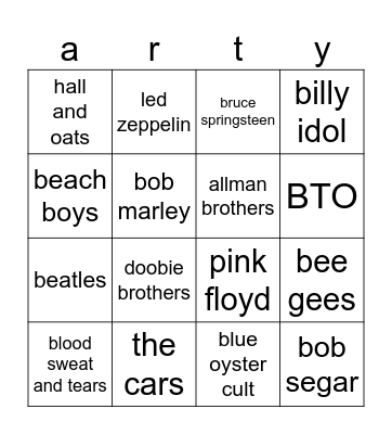 artist bingo Card