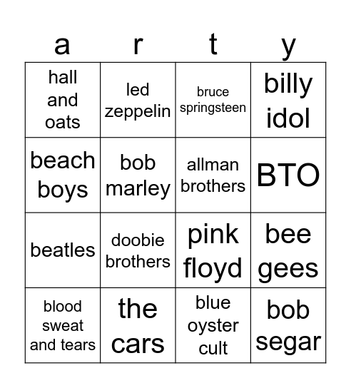 artist bingo Card