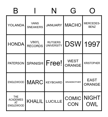 KORY BINGO Card