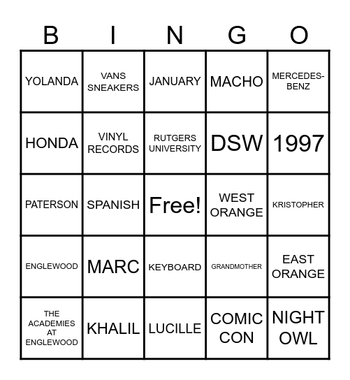 KORY BINGO Card