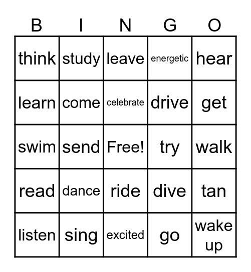 elem verbs Bingo Card