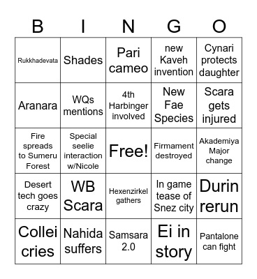 Luna 7 Livestream Bingo Card