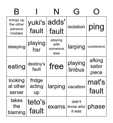Allie Excuse Bingo Card