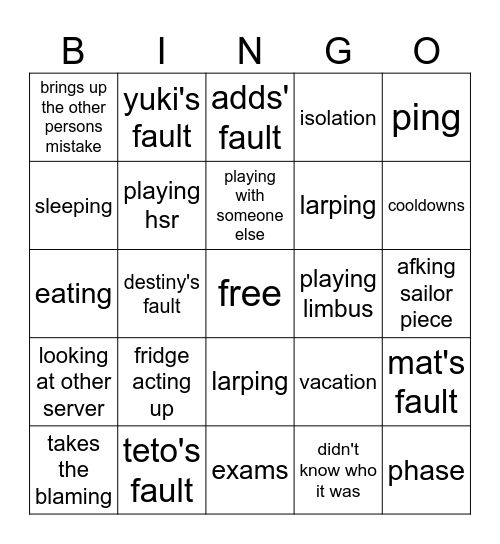 Allie Excuse Bingo Card