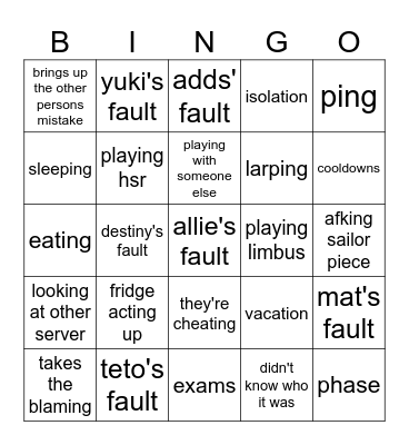 Allie Excuse Bingo Card