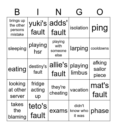 Allie Excuse Bingo Card