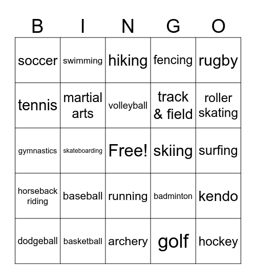 Sports Bingo Card