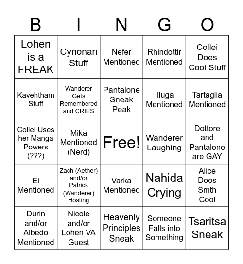 Genshin 6.6 Livestream Predictions Bingo Card