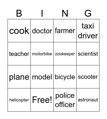 Professions and Vehicles Bingo Card