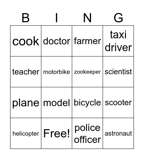 Professions and Vehicles Bingo Card