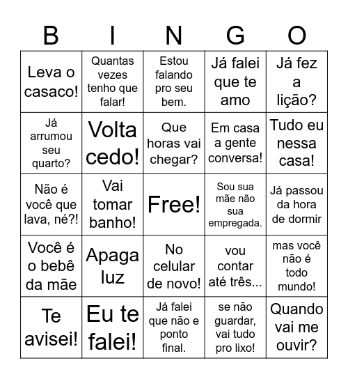 Frases de mãe Bingo Card