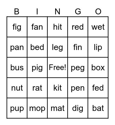 Phonics - Short Vowels Bingo Card