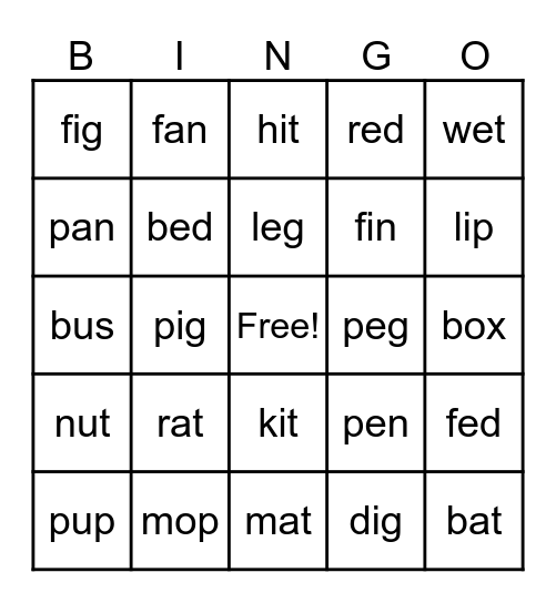 Phonics - Short Vowels Bingo Card