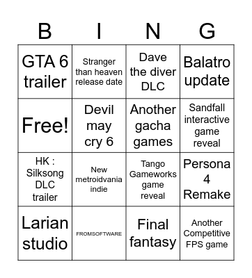 Summer game fest 2026 Bingo Card