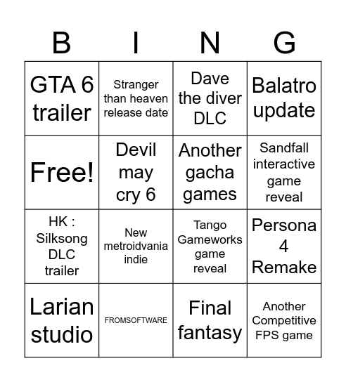 Summer game fest 2026 Bingo Card