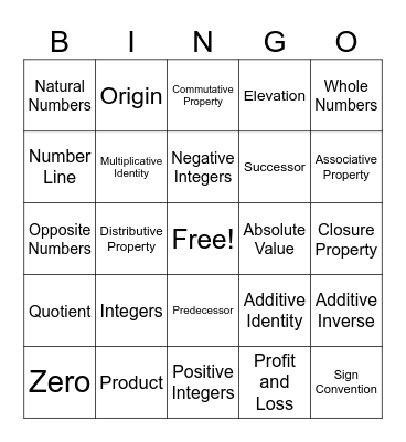 Integer bingo Card