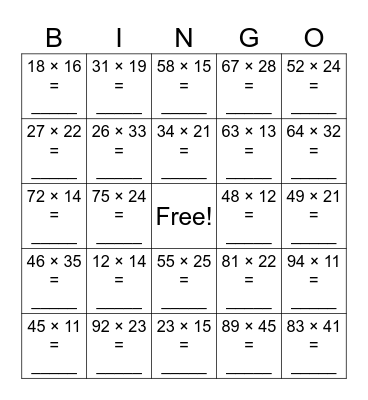 2 Digit Multiplication Bingo Card