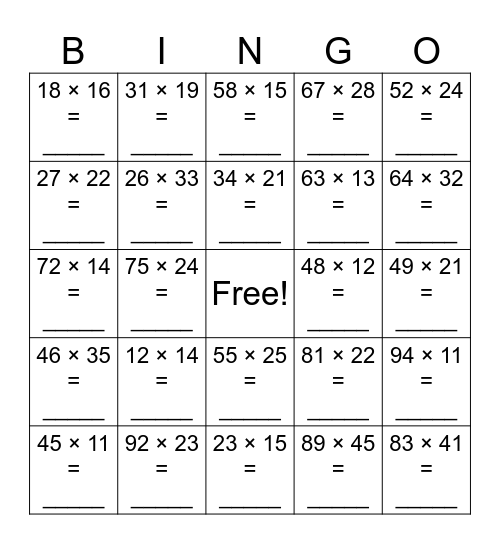 2 Digit Multiplication Bingo Card