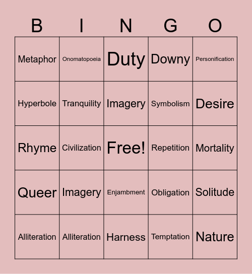 Literary Device & Keywords Bingo Card