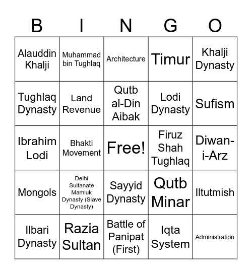 Delhi Sultanate Bingo Card