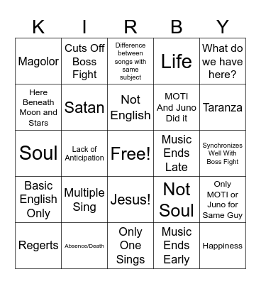 Kirby Lyrics KIRBY Bingo Card