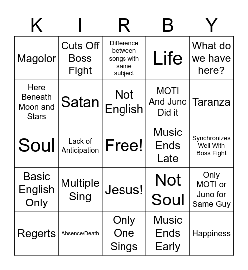 Kirby Lyrics KIRBY Bingo Card