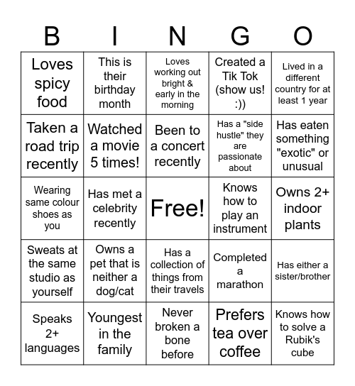 Get to know Me Bingo Card