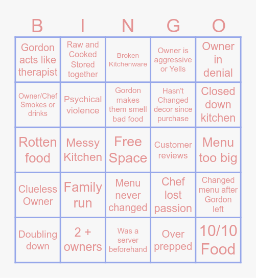 Kitchen Nightmares Bingo Card