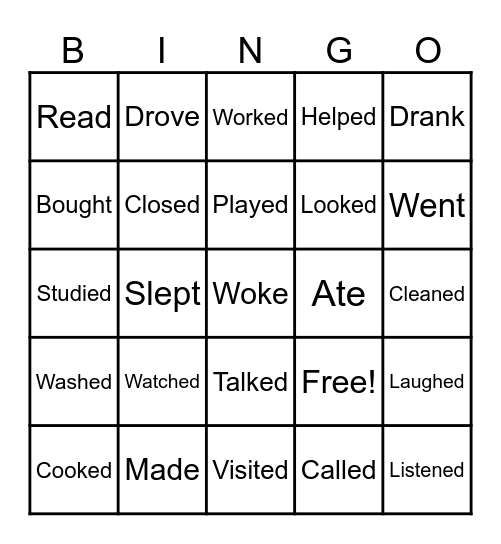 Past Tense Bingo Card