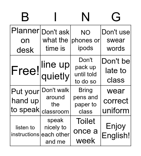 Classroom Rules Bingo Card