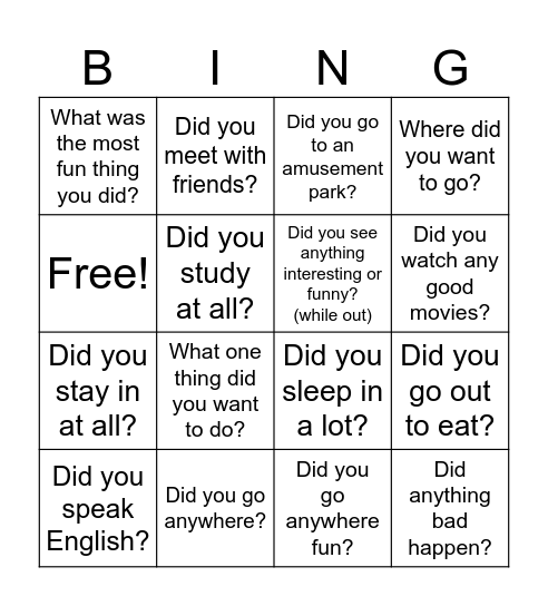 Golden Week- What did you do? Bingo Card