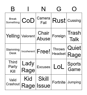 Gamer Rage Bingo Card